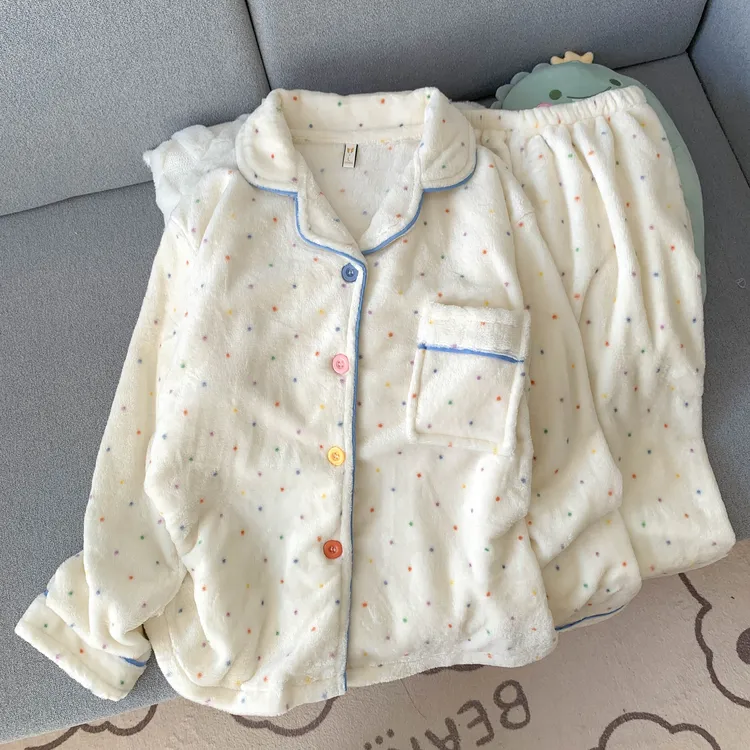 法兰绒睡衣女秋冬季彩色波点加绒加厚珊瑚绒2025年新款甜美家居服