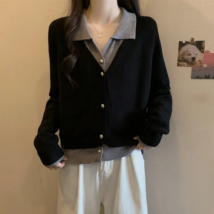 大码女装遮肚子撞色假两件毛衣开衫女秋冬胖妹妹显瘦宽松针织上衣