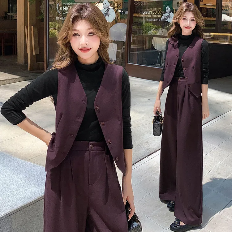 秋季马甲上衣+拖地裤两件套女时尚通勤西装背心阔腿裤休闲套装