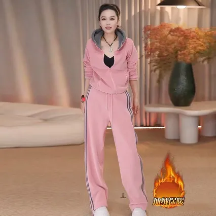 连帽加绒外套冬季新款时尚洋气质加厚保暖卫衣套装