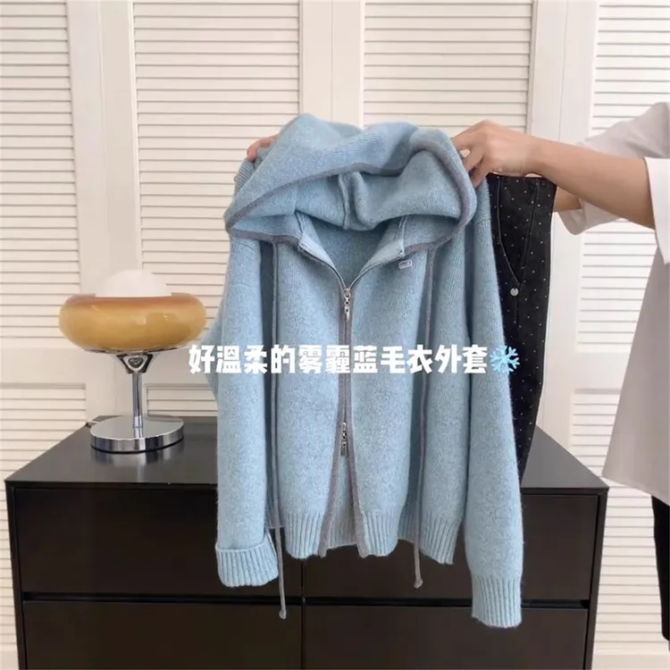 大码胖MM双拉链蓝色连帽针织开衫毛衣外套女秋冬韩系宽松休闲上衣