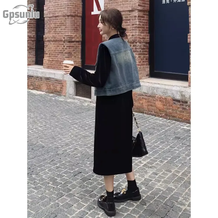 gpsunlu新中式牛仔马甲外套女秋季新款国风小个子盘扣拼接马夹