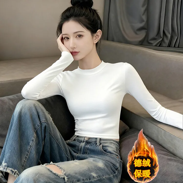 暖德绒长袖短款t恤女春秋冬季紧身小个子打底衫高腰纯色保暖上衣