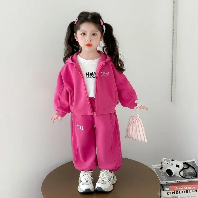 儿童套装女童春秋新款宝宝时髦洋气连帽网红卡通小童休闲两件套潮