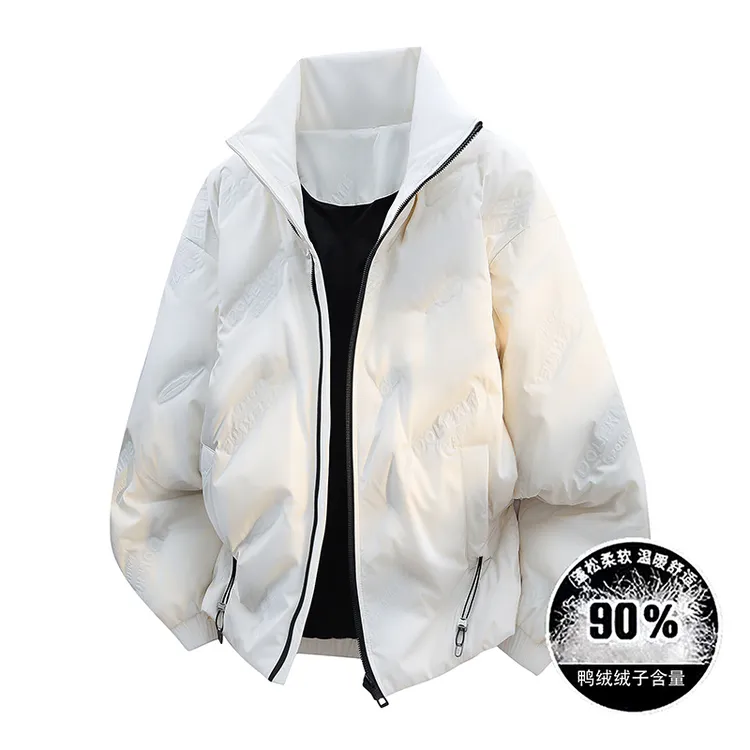 新国标90白鸭绒立领羽绒服压皱设计感男加肥加大码情侣宽松外套