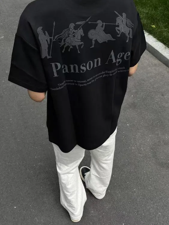 【重磅纯棉】夏季白色百搭宽松韩版兵马印花休闲美式圆领男短袖T恤