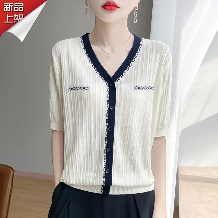 哥弟阿玛施官方夏季小香风V领撞色假开衫针织中袖时尚减龄洋气T恤
