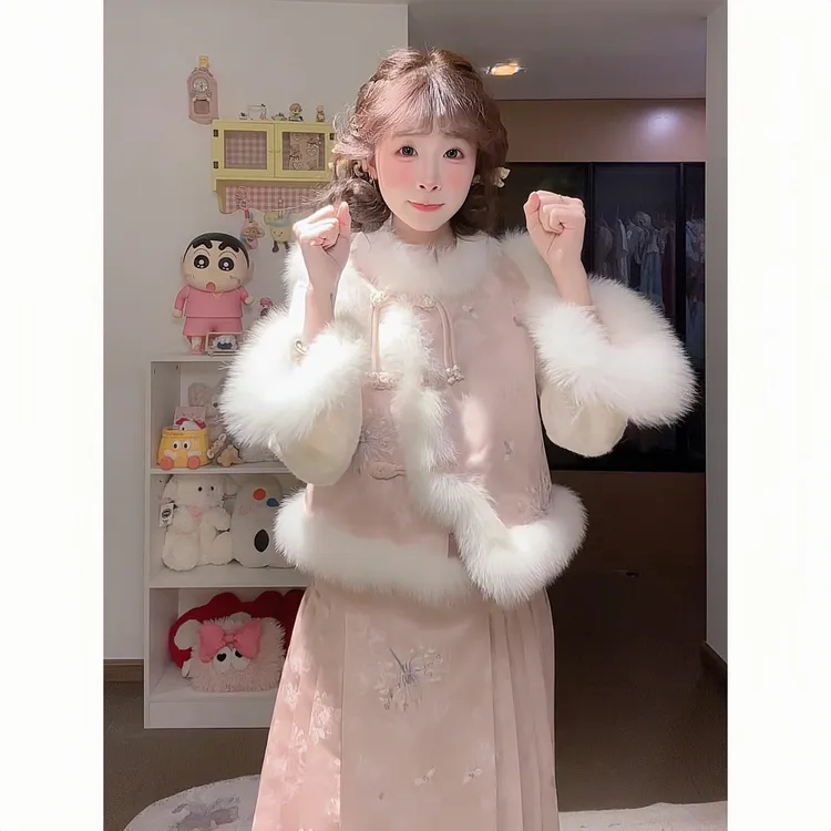 运补6-8新中式风套装女秋冬盘扣刺绣改良国风长裙温柔风三件套