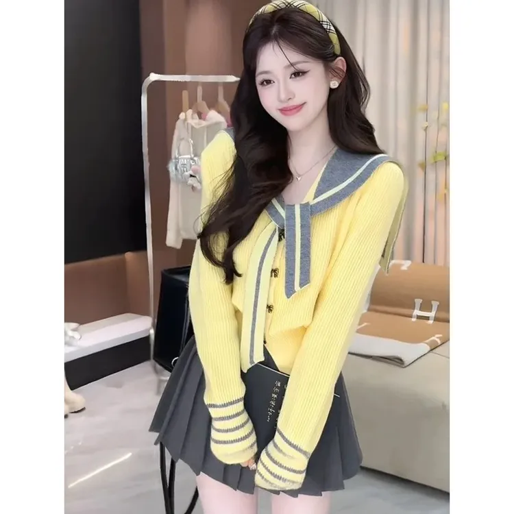 韩系甜美减龄海军领针织开衫女春季新款独特别致短款毛衣外套上衣