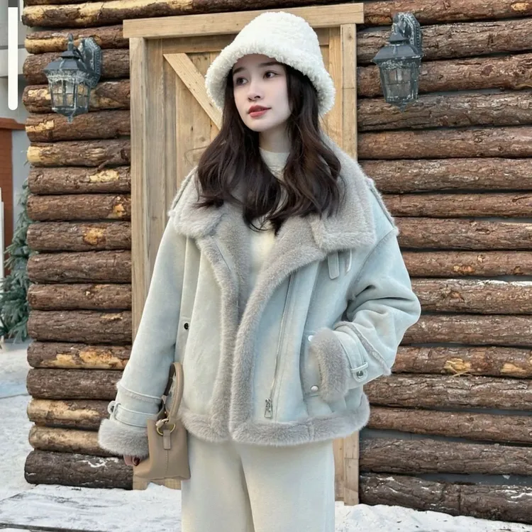 蓝色皮毛一外套女2024冬装韩系新款加绒加厚绒保暖机车服女
