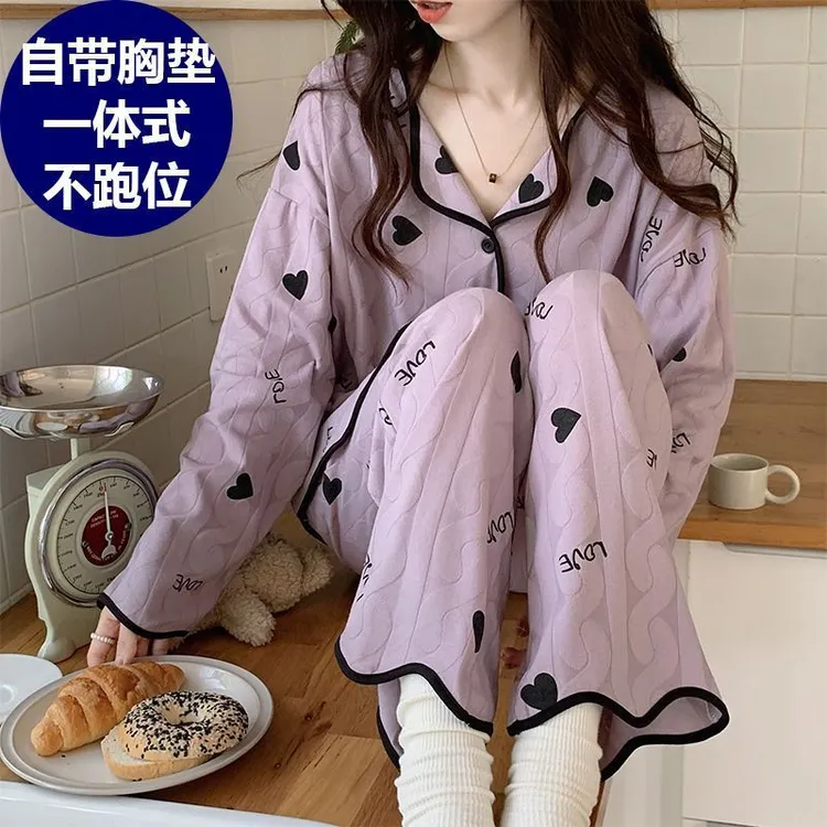 全棉时代自带胸垫一体开衫棉睡衣女春秋冬季长袖网红爆款ins风家