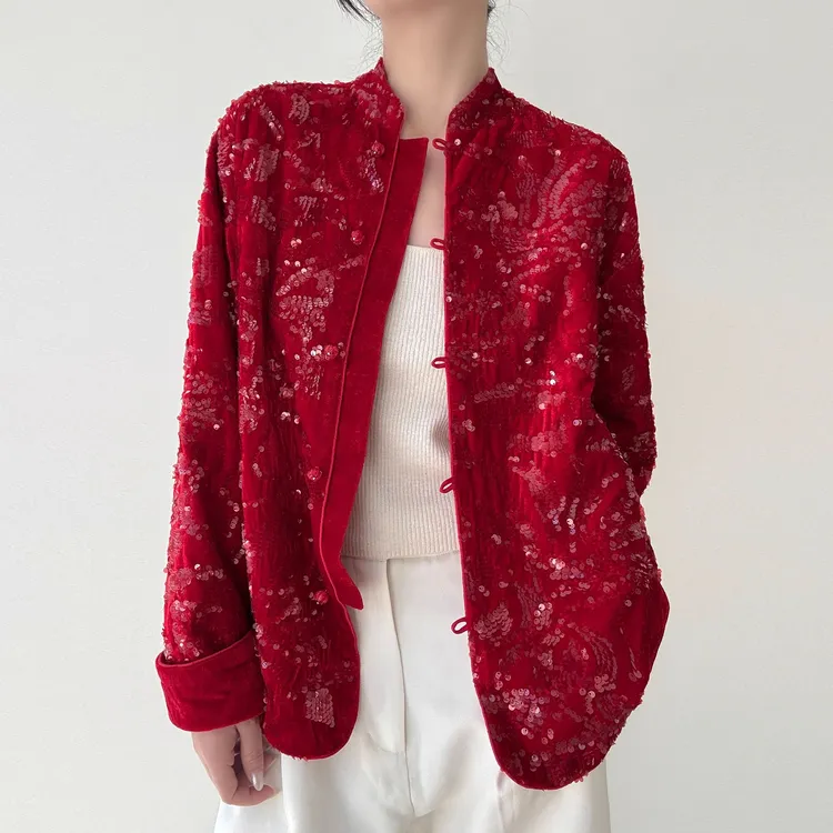 圣多墨新中式国风立领红色亮片外套圣诞新年拜年服订婚年轻款上衣