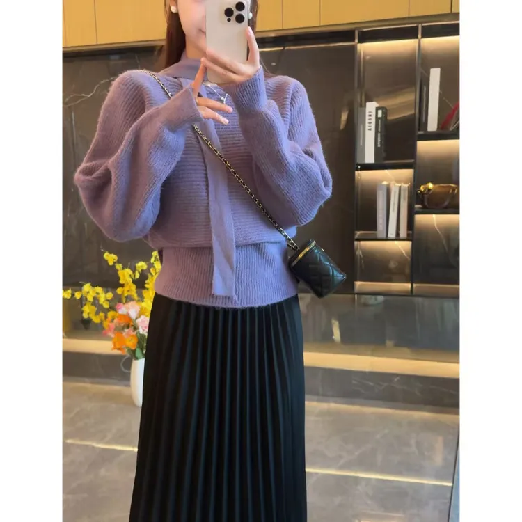 法式一字肩斜肩挂脖针织毛衣女秋冬宽松慵懒风露肩长袖针织衫上衣