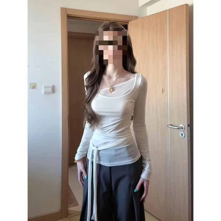 秋季新款不规则长袖防晒罩衫女宽松显瘦T恤上衣简约通勤阔腿裤子