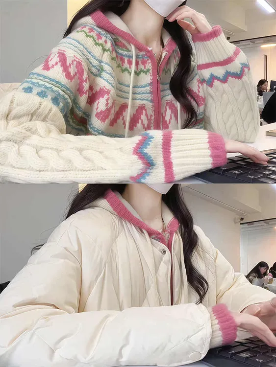 粉色麻花连帽费尔岛毛衣外套女2025新款秋冬小个子加厚高级感上衣