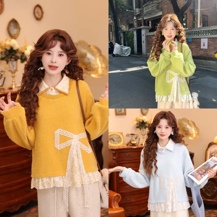 温舒敏【幻梦织锦】复古港风秋冬厚款假两件卫衣宽松上衣MJ1689563