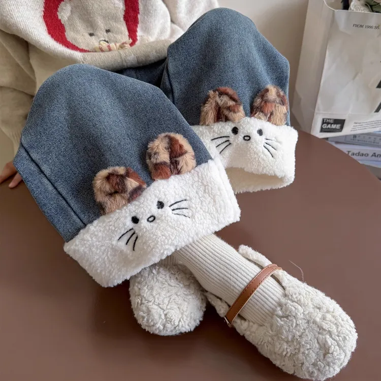 秋冬款女童裤子加绒牛仔裤儿童直筒裤潮2025新款洋气女童加绒裤子