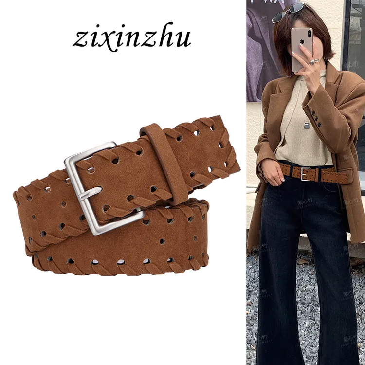 麂皮绒棕色腰带女士2025新款爆款配饰装饰牛仔裤编织宽皮带高级感