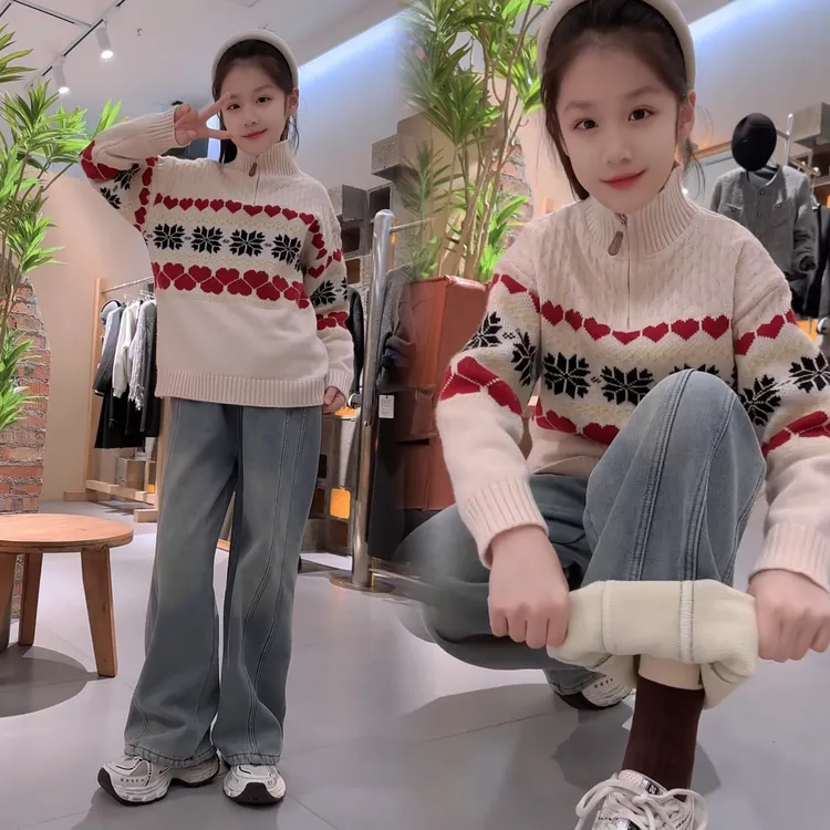女童半拉链爱心毛衣2025新款加厚洋气高领保暖儿童韩版冬季针织衫