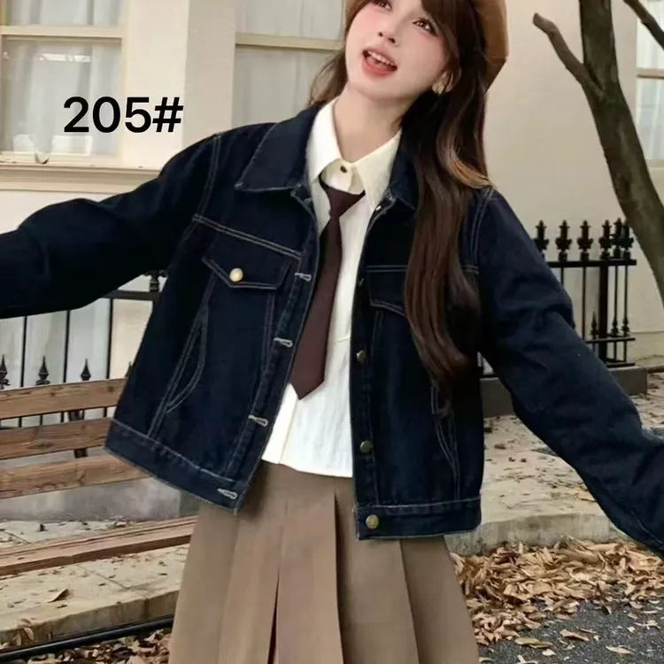 翻领宽松长袖秋季秋季女士翻领夹克复古短外套牛仔衣205