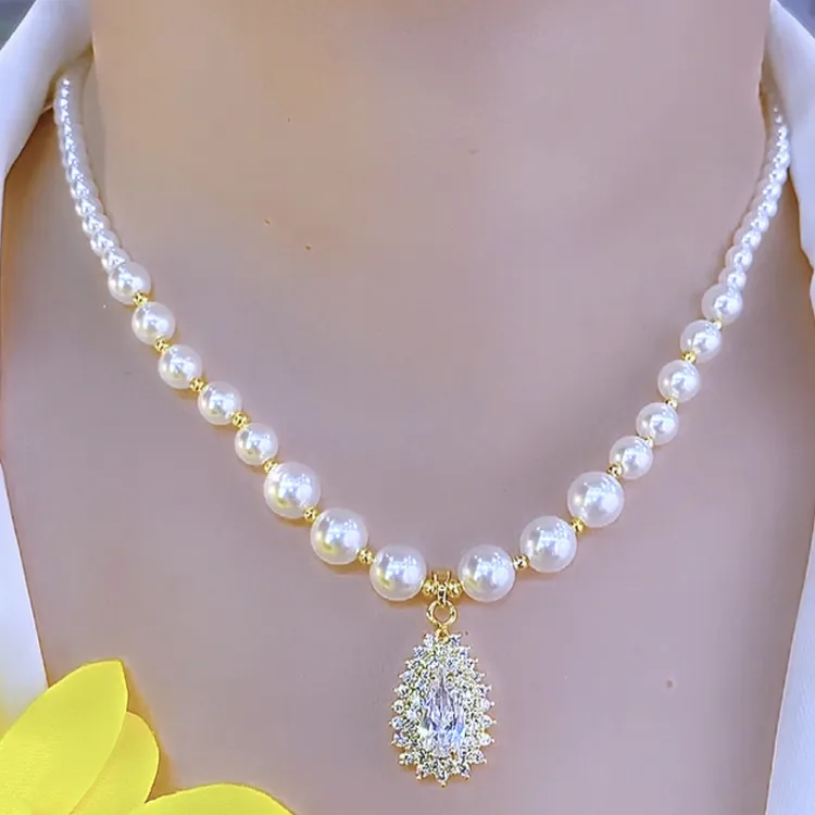 铜合金仿珍珠项链 时尚气质优雅欧美轻奢百搭水滴项链