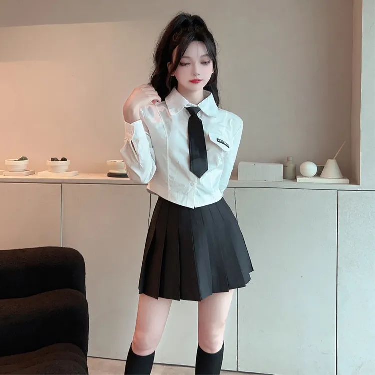 纯欲风辣妹秋季法式设计感短款上衣高腰修身衬衣学院风JK制服套装