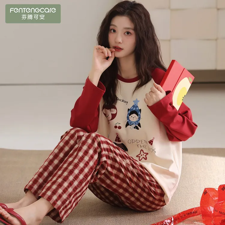 芬腾可安100%纯棉柔软亲肤女士睡衣春秋季长袖长裤喜庆大红家居服
