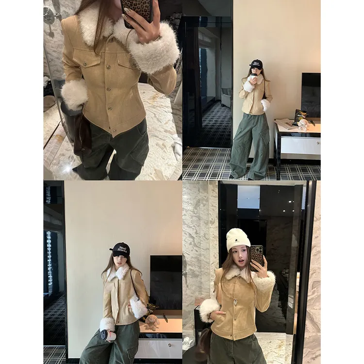 2025秋季新款毛呢复古风拼毛修身连帽收腰双色夹克通勤棉服外套女