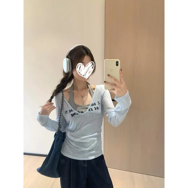 纯欲风叠穿挂脖背心T恤女2025新款镂空防晒针织罩衫套装春季