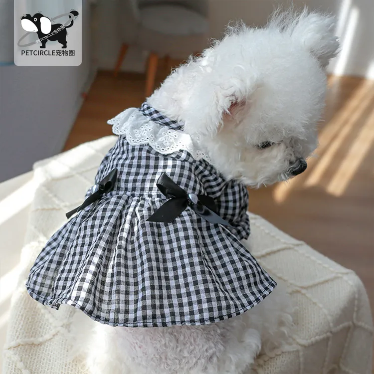 宠物圈狗狗服饰猫咪衣服蝴蝶结蕾丝领边黑白格子公主爱心珍珠裙子