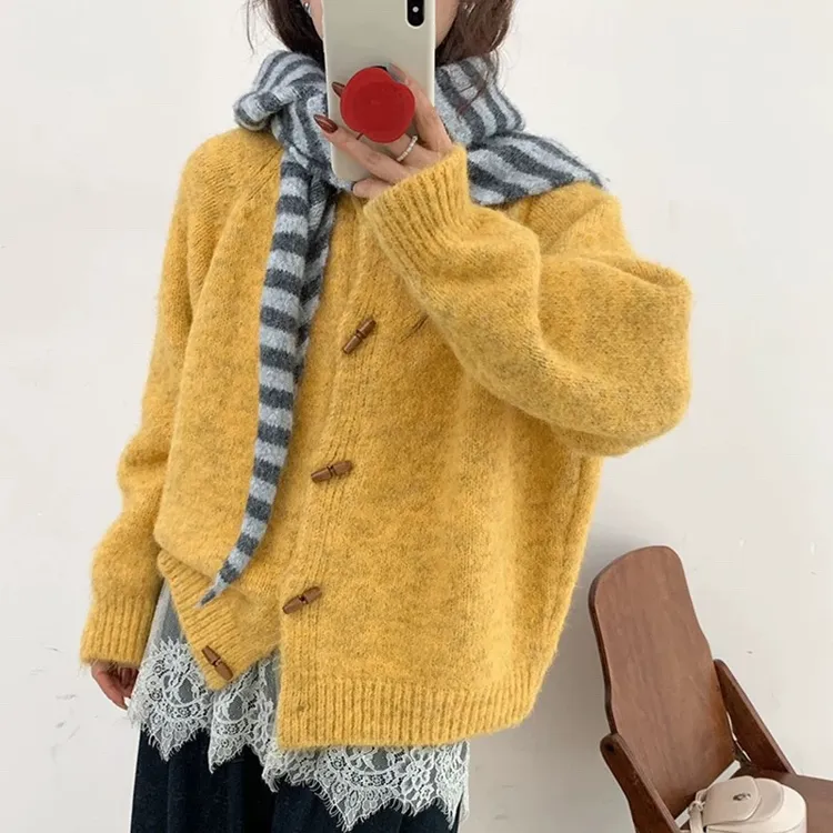 早秋牛角扣长袖针织开衫宽松慵懒风毛衣外套