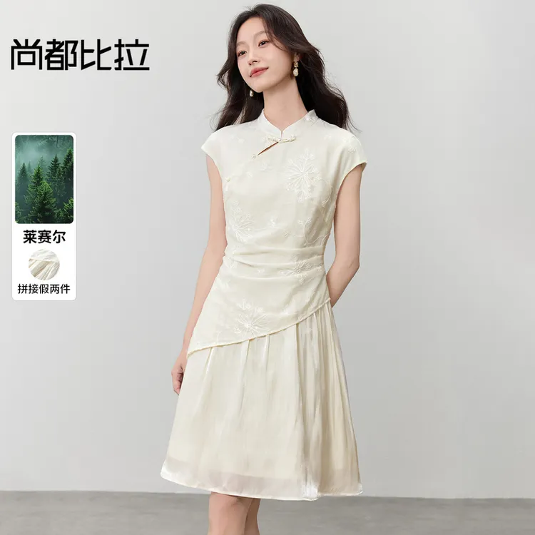 尚都比拉【莱赛尔】通勤国风连肩包袖拼接假两件短款连衣裙I3064