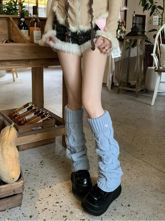 琥珀系复古秋冬白色袜套女粗线针织显瘦辣妹y2k灰色腿套