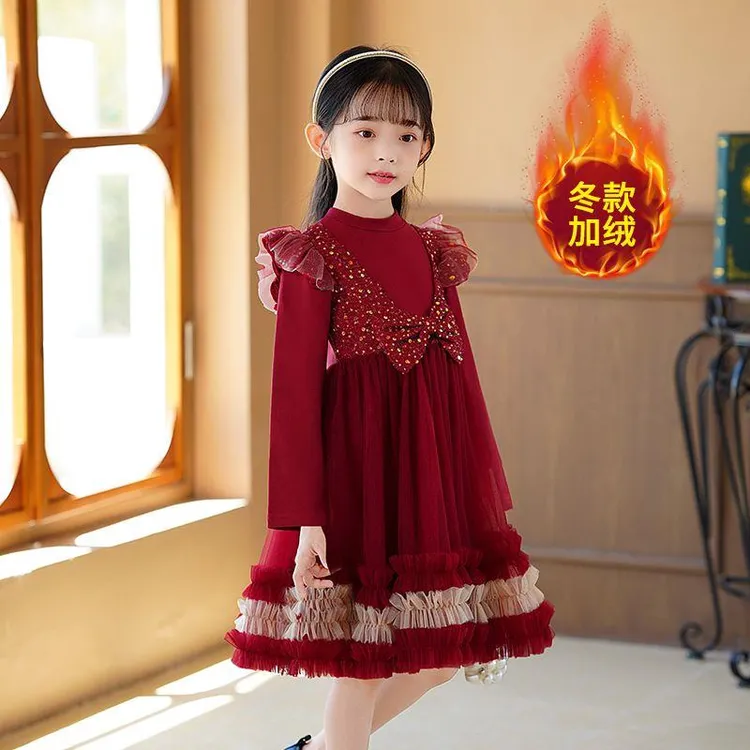 女童儿童小女孩宝宝红色洋气公主裙冬款冬装秋冬加绒加厚长袖礼服