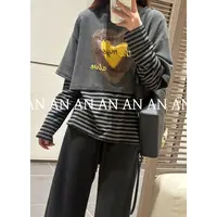 C09448新款韩系百搭减龄宽松个性拼接条纹爱心字母假两件T恤
