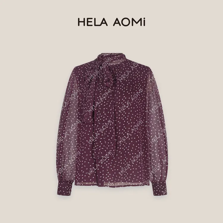 HELA AOMI“紫波点”波点泡泡袖小衫通勤风宽松减龄衬衫