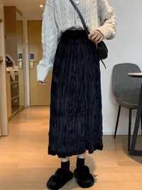 【钰姐精选】可82252-丝绒百褶半身裙显瘦高腰百搭中长款秋冬气质