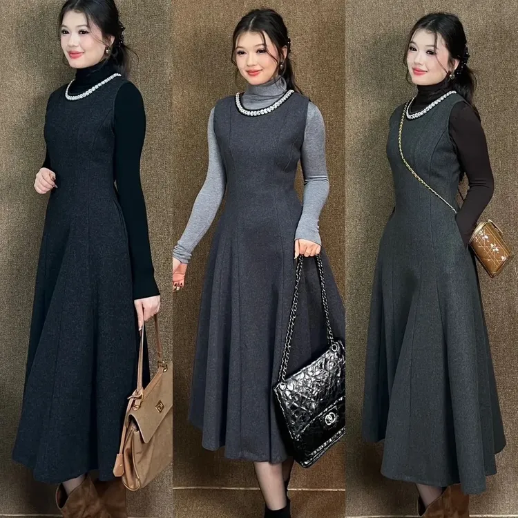 （现货）Rayhon秋冬季新款法式复古粗花呢无袖背心连衣裙修身显