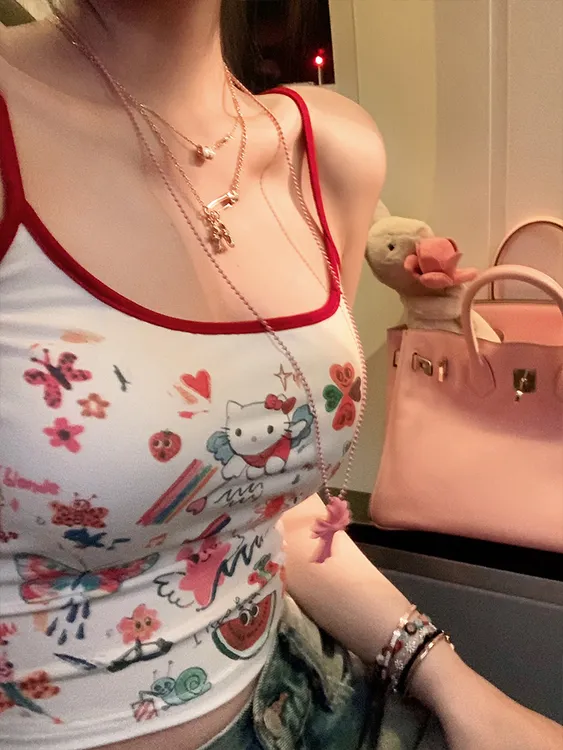 美式辣妹涂鸦猫咪撞色小吊带背心女夏内搭修身小个子显瘦百搭上衣