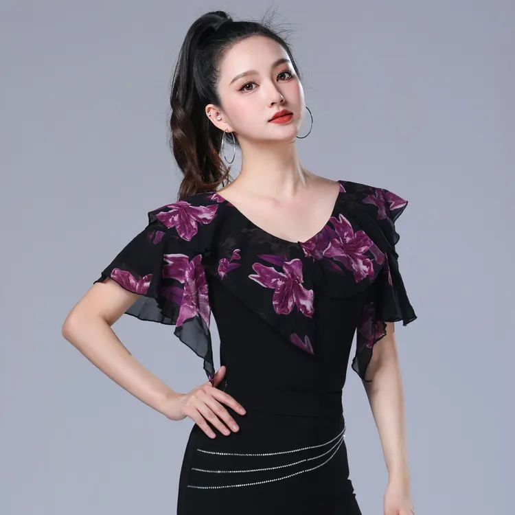 摩登舞上衣女跳舞服装夏季短袖新款荷叶交谊舞拉丁舞舞蹈练功服女