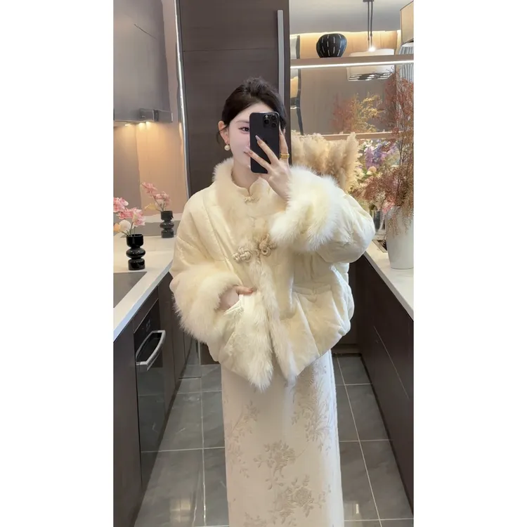 【周粥】【一枝独秀】2025新款狐狸毛鸭绒盘扣加厚羽绒服JJD5YRF7003