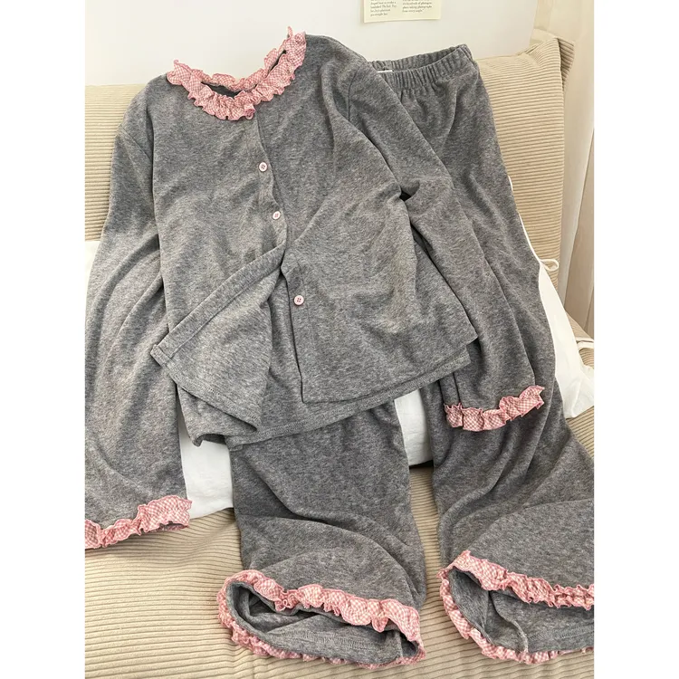 【拼接荷叶边】双面德绒睡衣女秋冬季甜美长袖长裤格子家居服套装