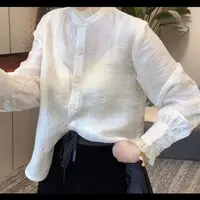 2380国潮中式复古提花薄款白色打底衫衬衫海盐