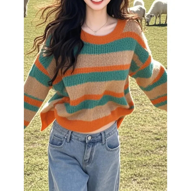 秋冬独特别致撞色条纹慵懒风毛衣针织打底衫女设计感宽松长袖上衣