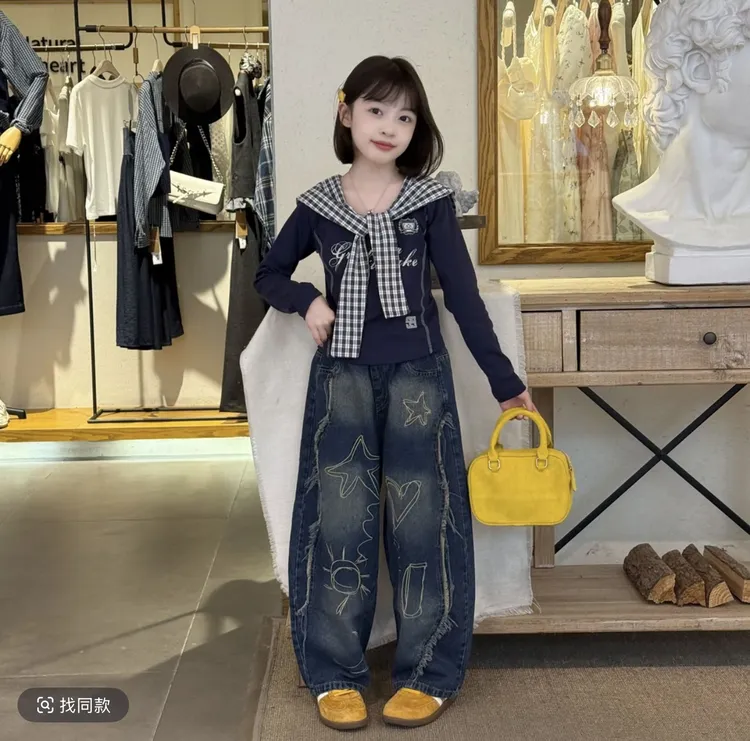 女童2025秋季新款宽松刺绣毛边牛仔裤甜酷时尚洋气休闲披肩上衣潮