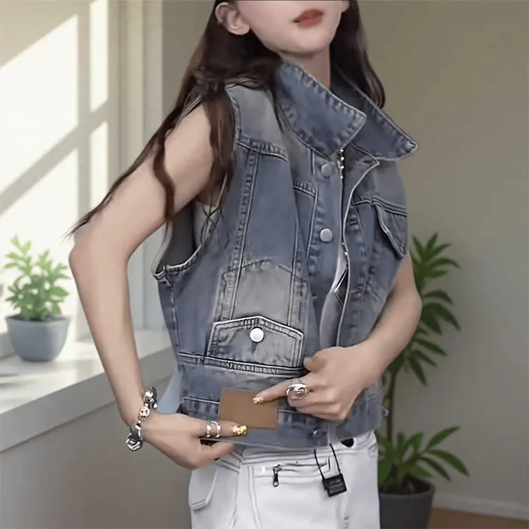 欧洲站复古港风牛仔马甲女2025新款洋气宽松显瘦无袖百搭马夹外穿