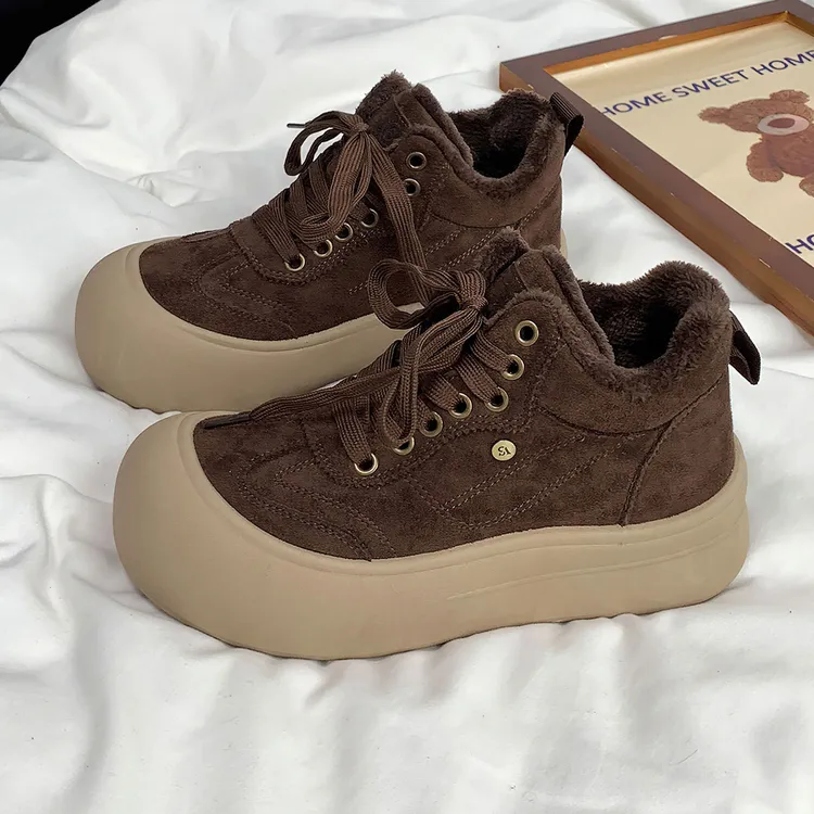 驼色时尚青春韩版复古加绒保暖学院潮流港风新款厚底小众休闲板鞋