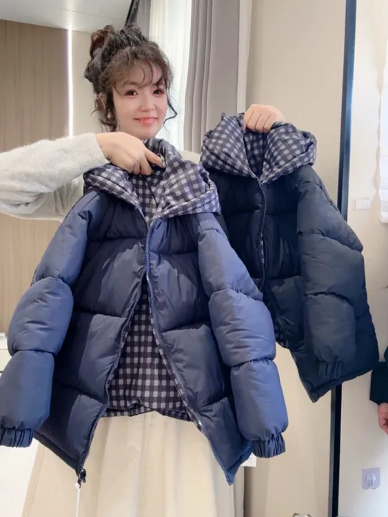 男中大童冬季格子双面穿棉衣新款冬装宽松棉服保暖外套