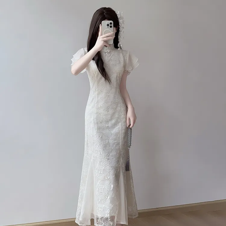 伴娘装新中式国风改良旗袍刺绣鱼尾领证订婚连衣裙蕾丝礼服9744