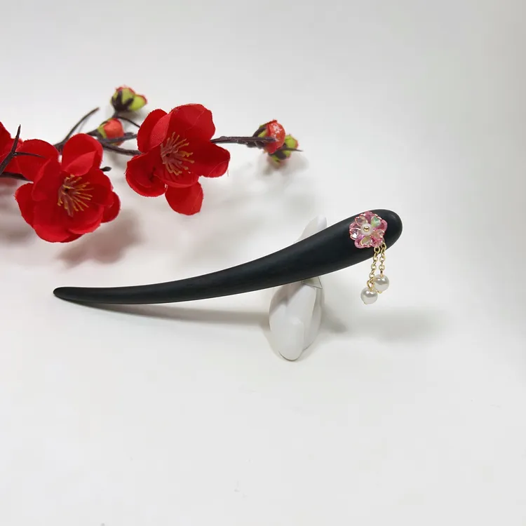 13厘米黑檀木小花盘发簪子新中式精致减龄流苏步摇